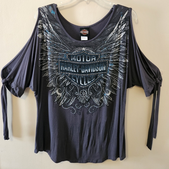 Harley-Davidson Black and Blue Winged Graphic Women's Tee - Picture 1 of 6